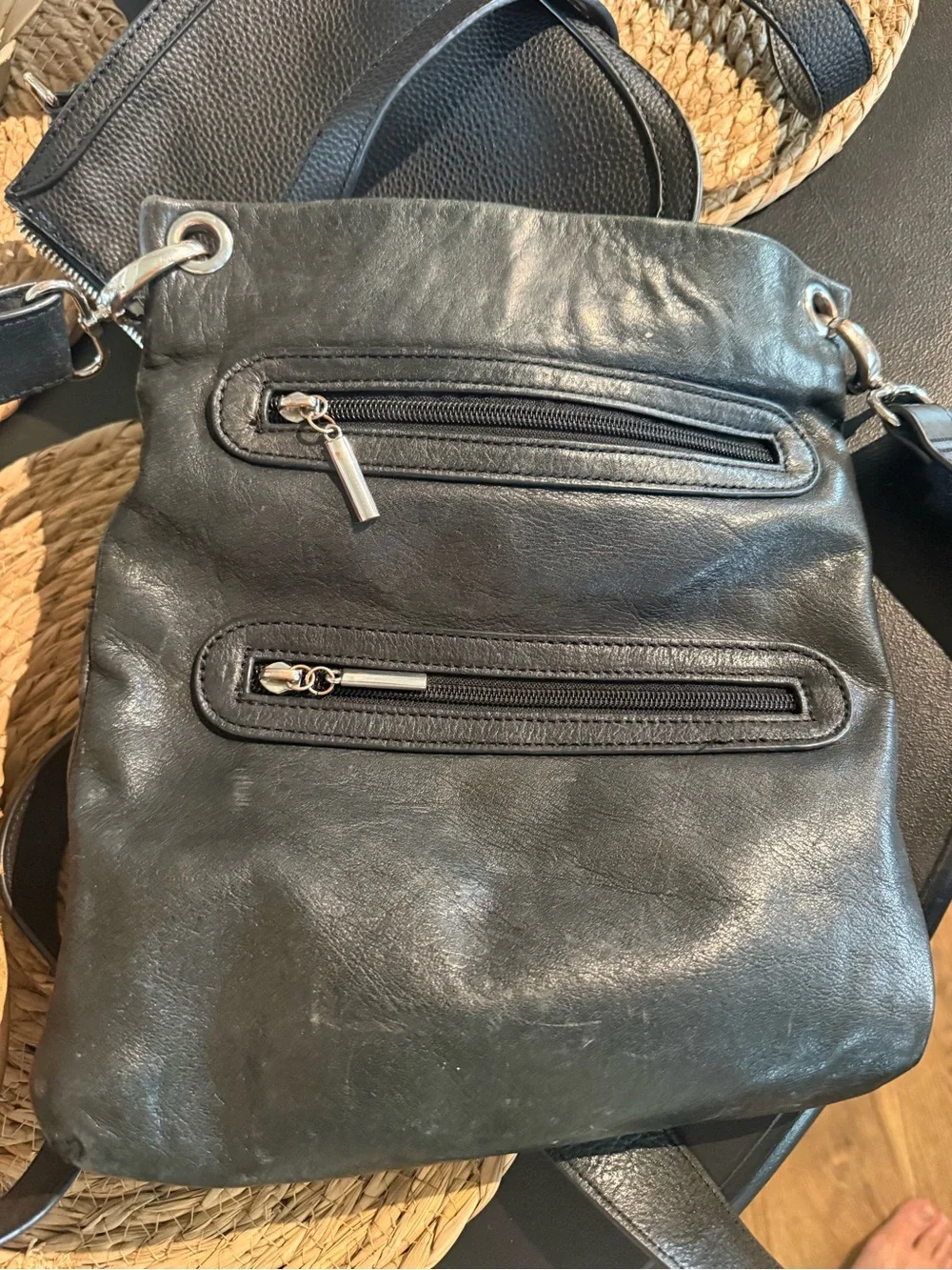 margot Black Leather Messenger Crossbody Bag with Dual Zip Pockets